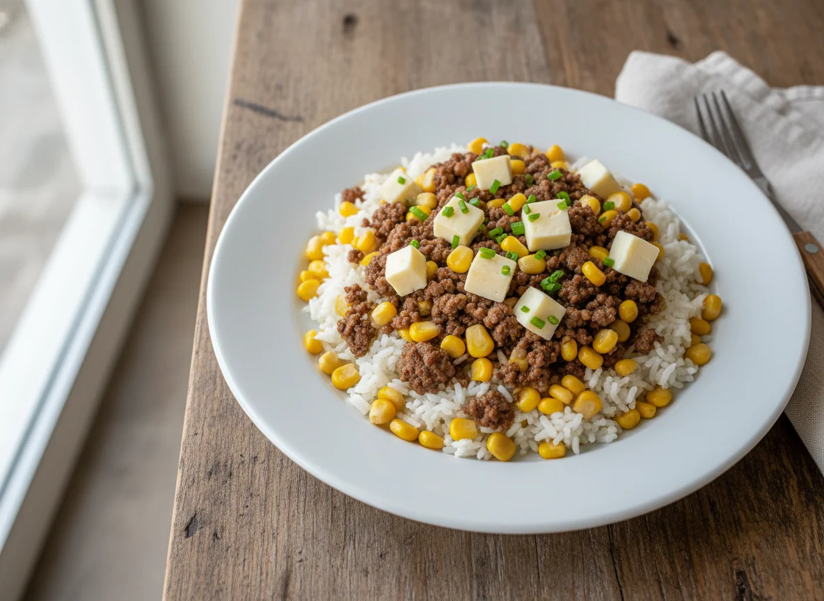 Arroz com milho, carne moída e queijo photo