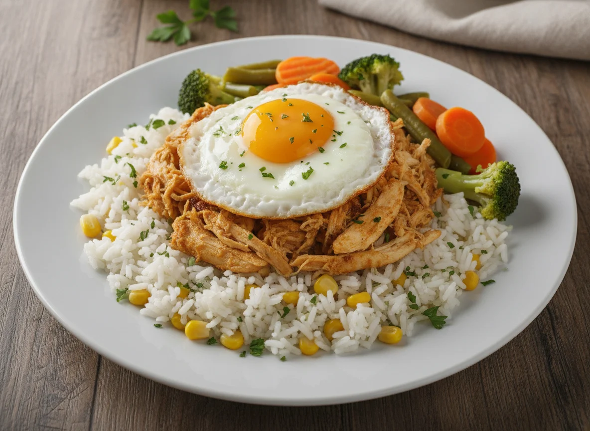 Arroz com milho, frango desfiado, ovo frito e legumes photo