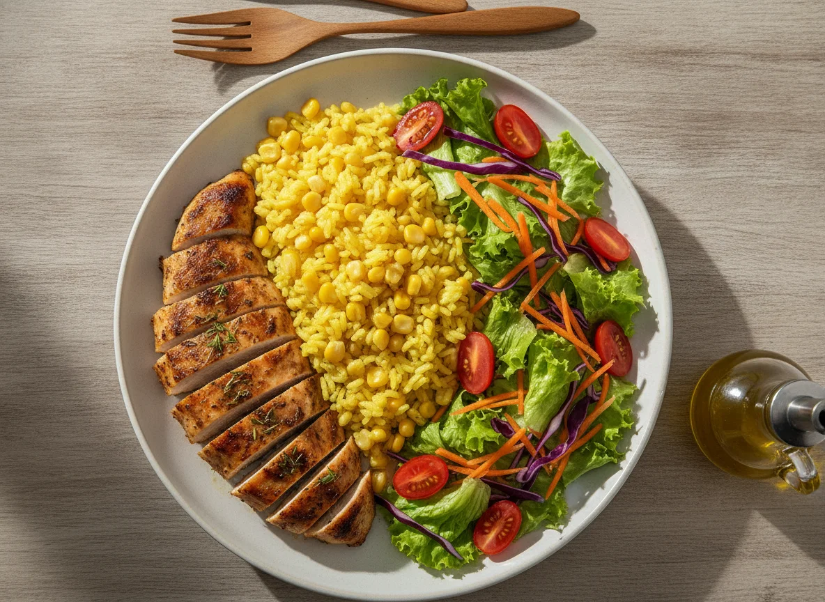 Arroz com milho, frango grelhado e salada mista photo