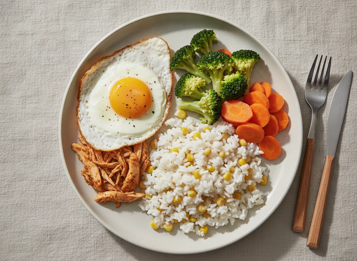 Arroz com milho, ovo frito, frango desfiado e legumes photo