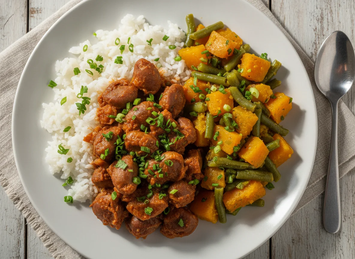 Arroz com Moela e Refogado de Abóbora e Vagem photo