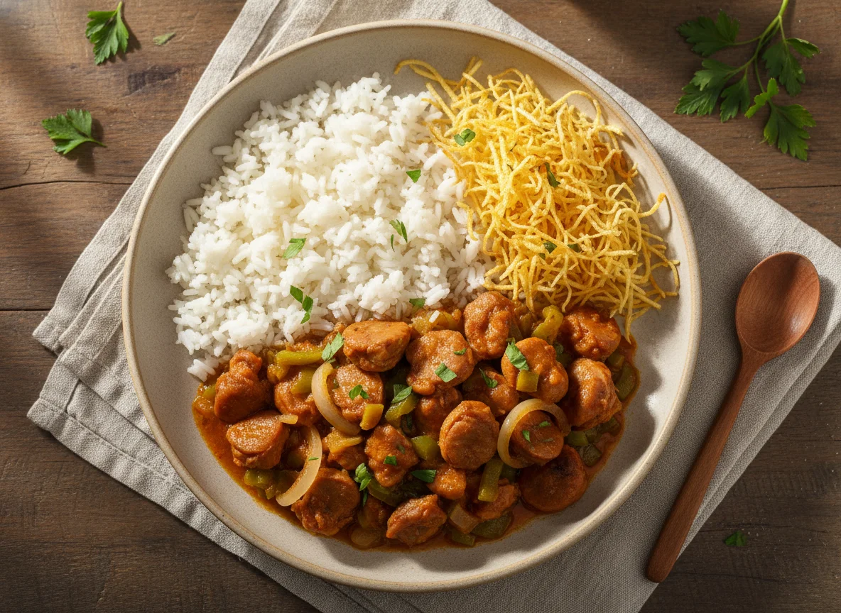 Arroz com moela ensopada e batata palha photo