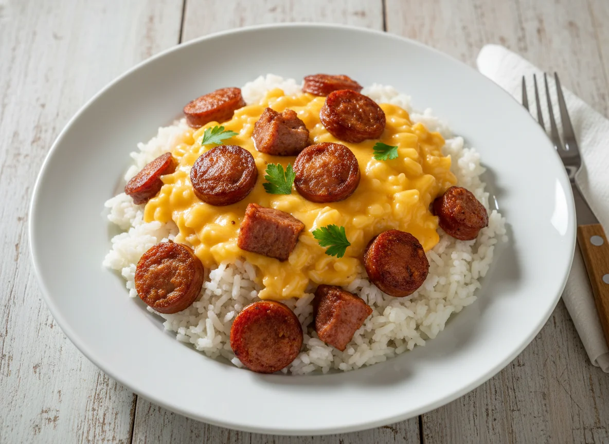 Arroz com molho de queijo e linguiça photo