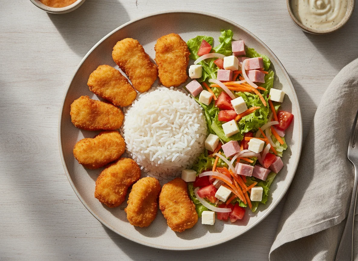 Arroz com nuggets e salada mista photo