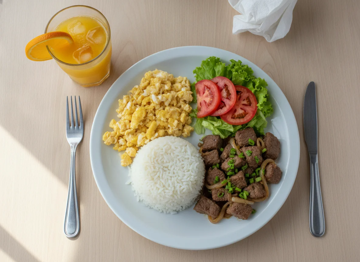 Arroz com ovo, carne acebolada com ervas, salada de tomate e suco de laranja photo