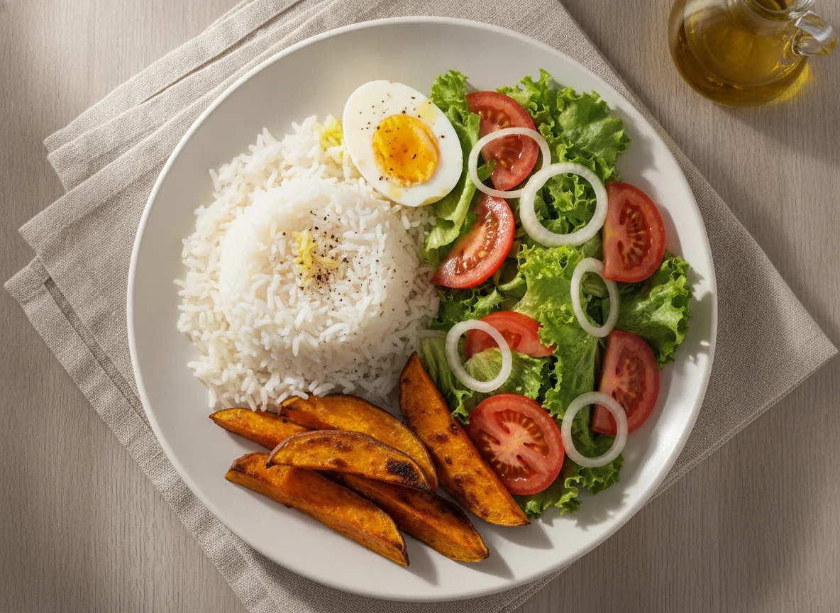 Arroz com ovo cozido, batata doce e salada photo