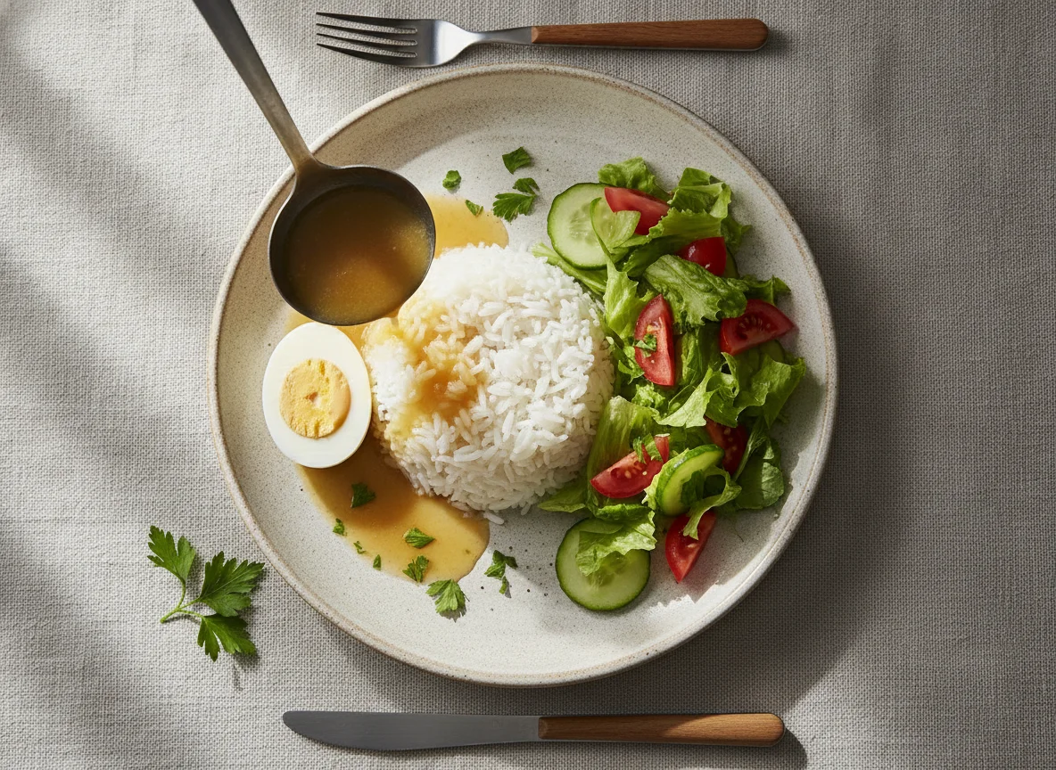 Arroz com ovo cozido e salada photo