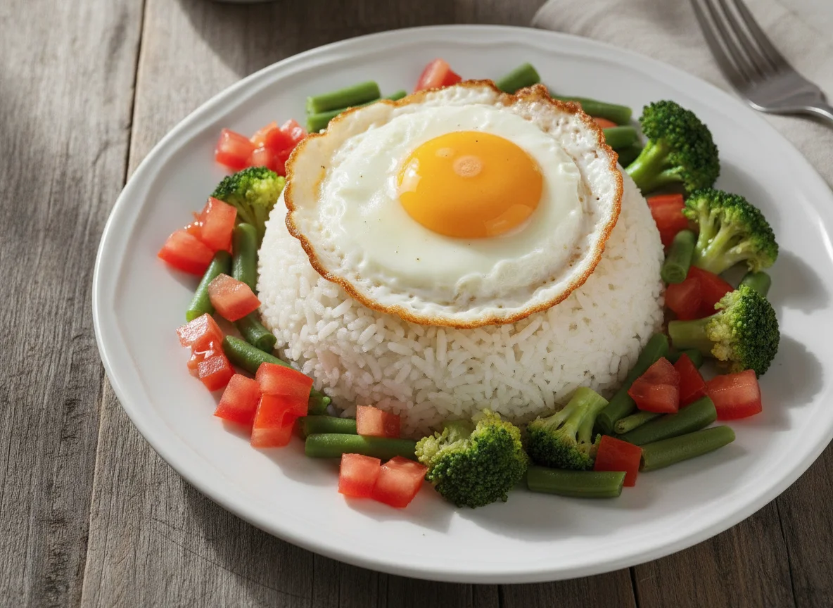 Arroz com ovo frito e vegetais photo