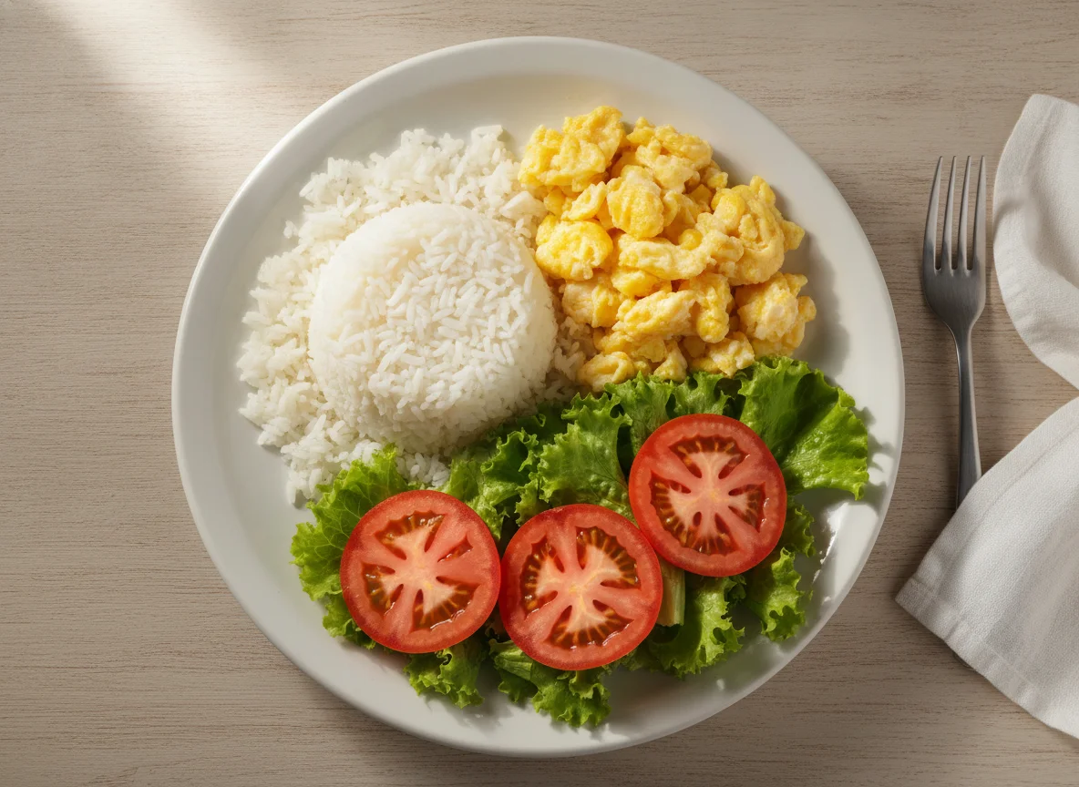 Arroz com ovo mexido e salada photo