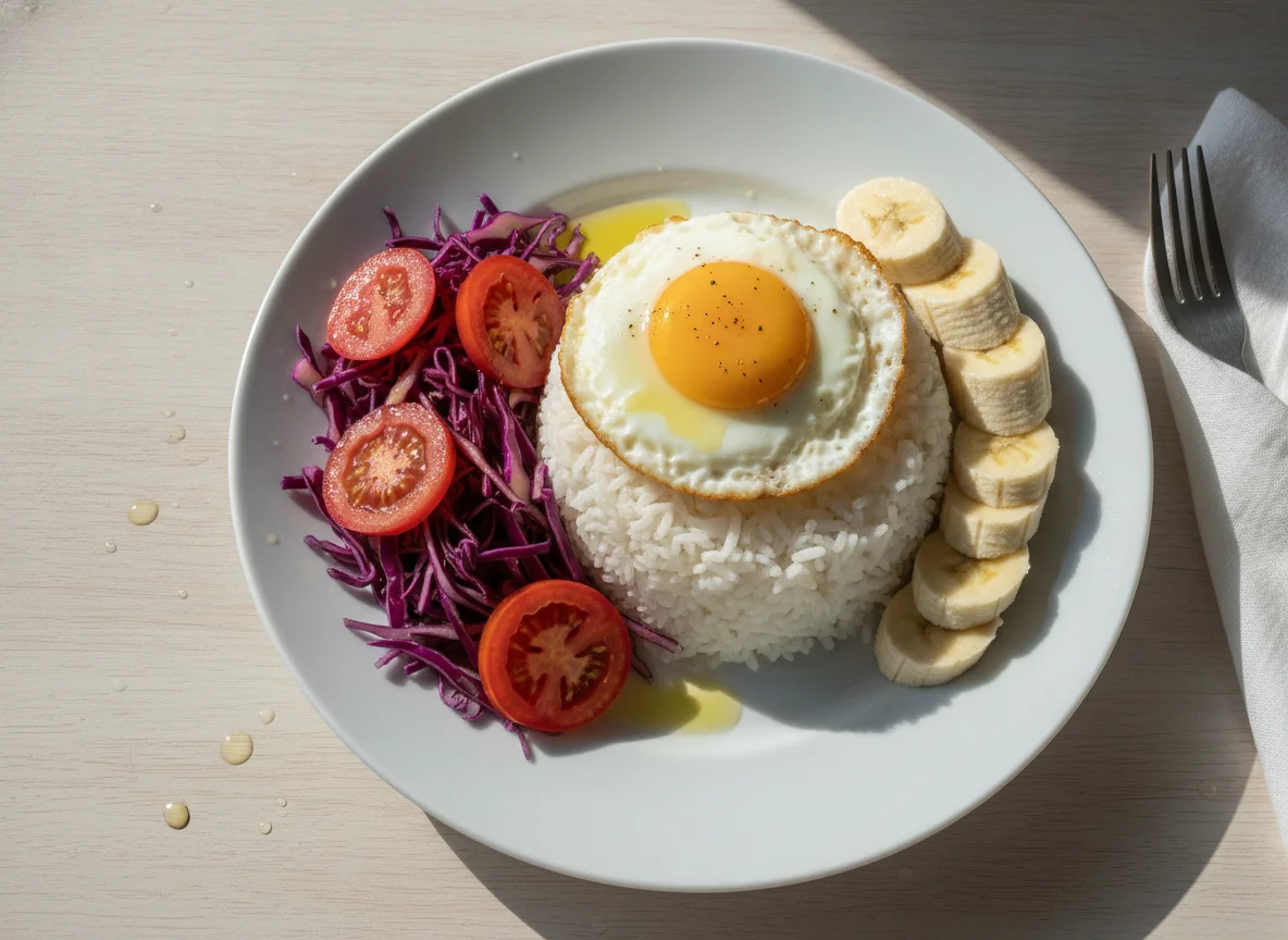 Arroz com ovo, salada de repolho roxo e banana photo