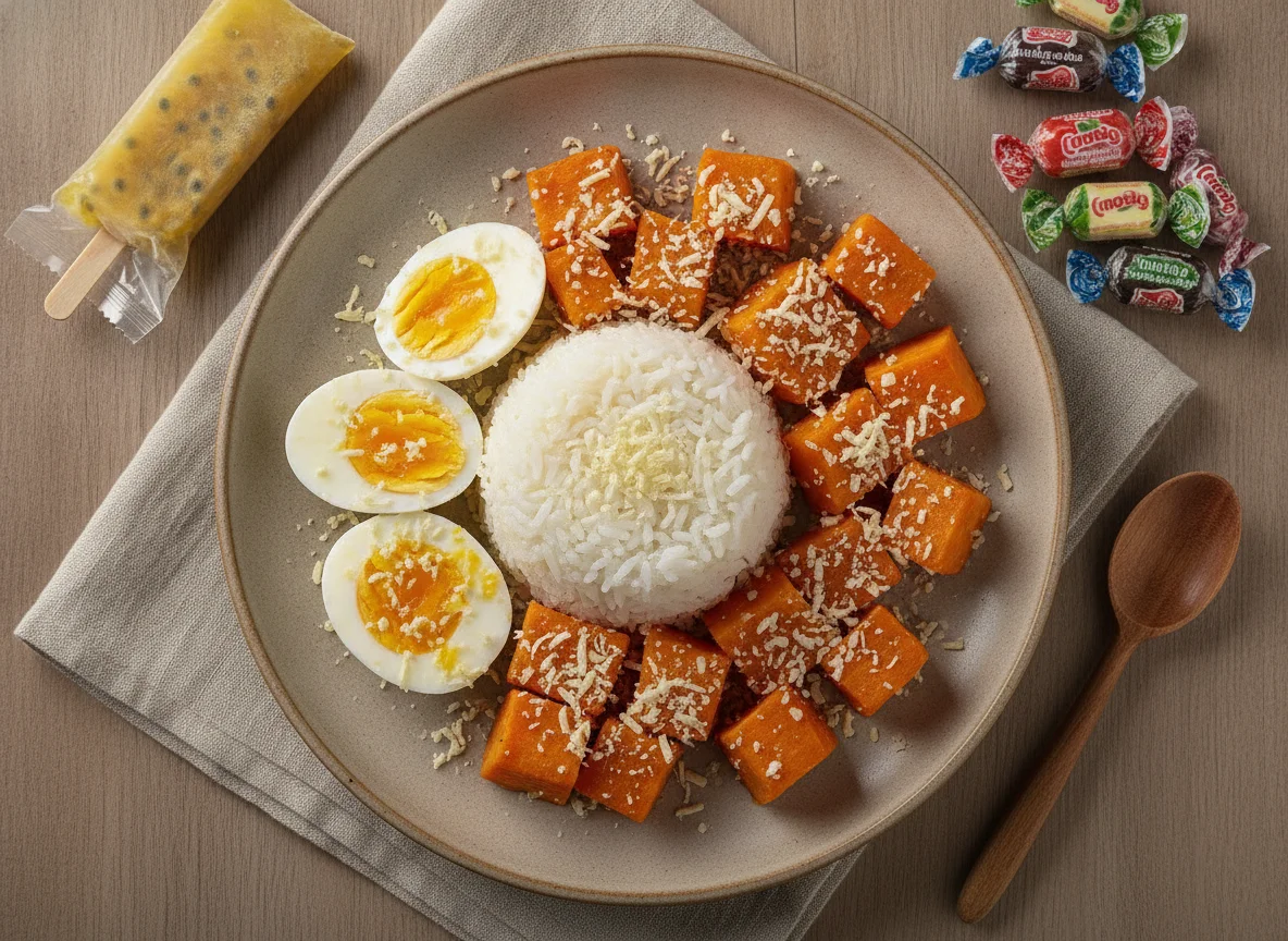 Arroz com ovos cozidos, batata doce e chocolate photo