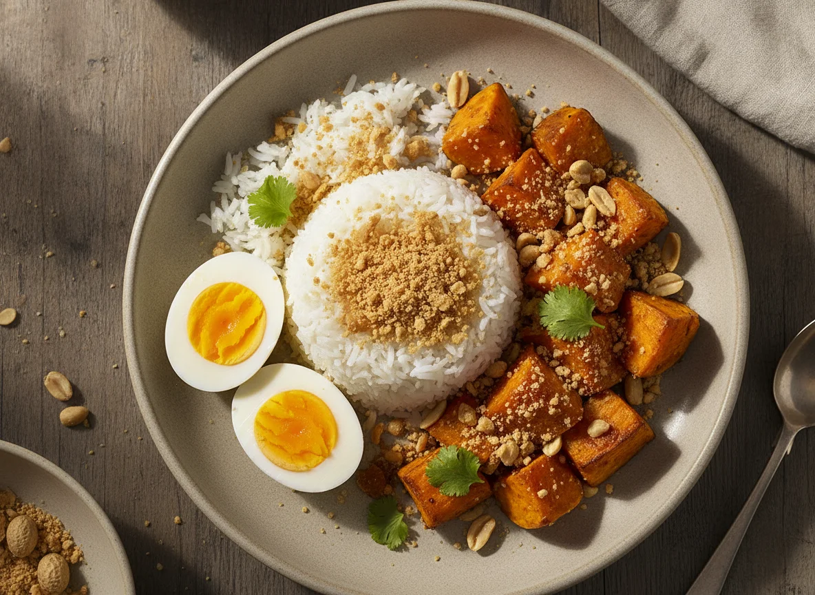 Arroz com ovos cozidos, batata-doce e paçoca photo