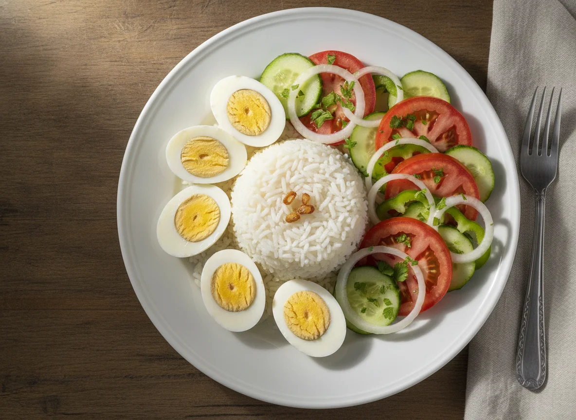 Arroz com ovos cozidos e salada photo