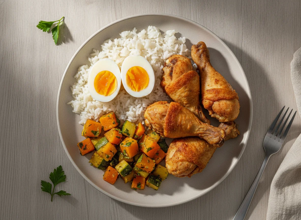 Arroz com ovos cozidos, frango frito e refogado de abóbora com abobrinha photo