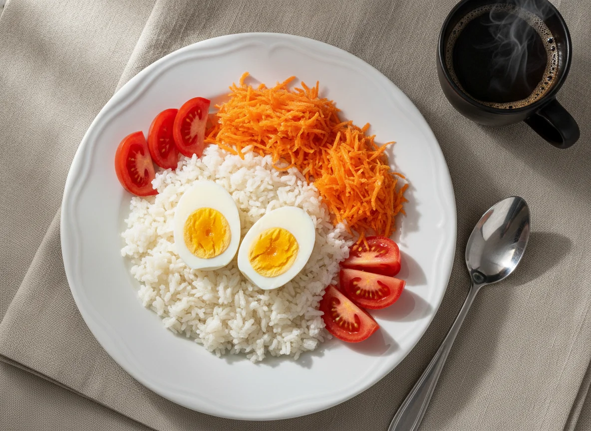 Arroz com ovos cozidos, tomate e cenoura photo