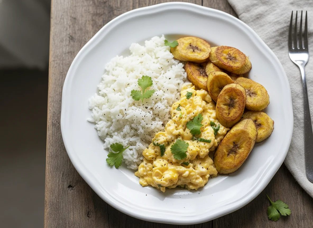 Arroz com ovos e banana frita photo