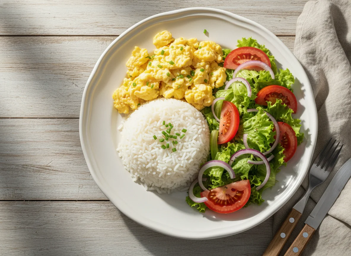 Arroz com ovos e salada photo