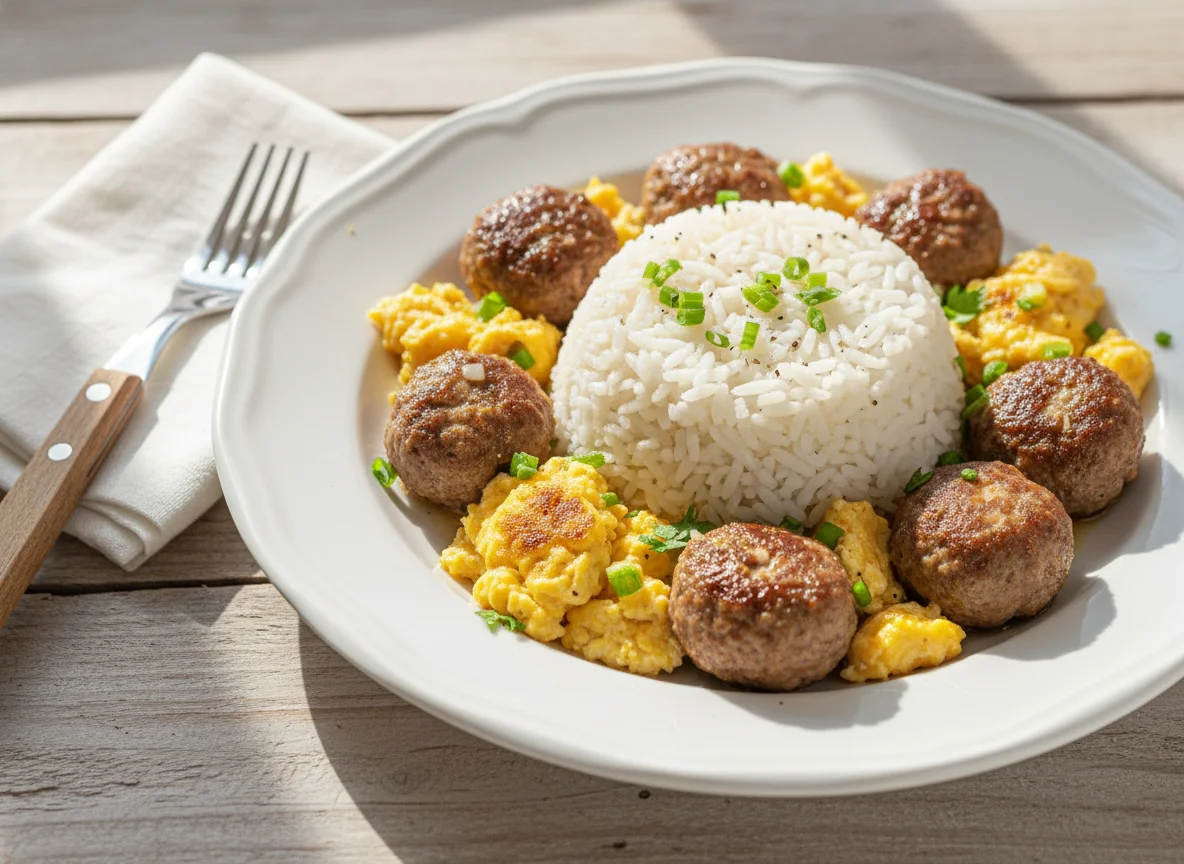 Arroz com ovos mexidos e almôndegas photo