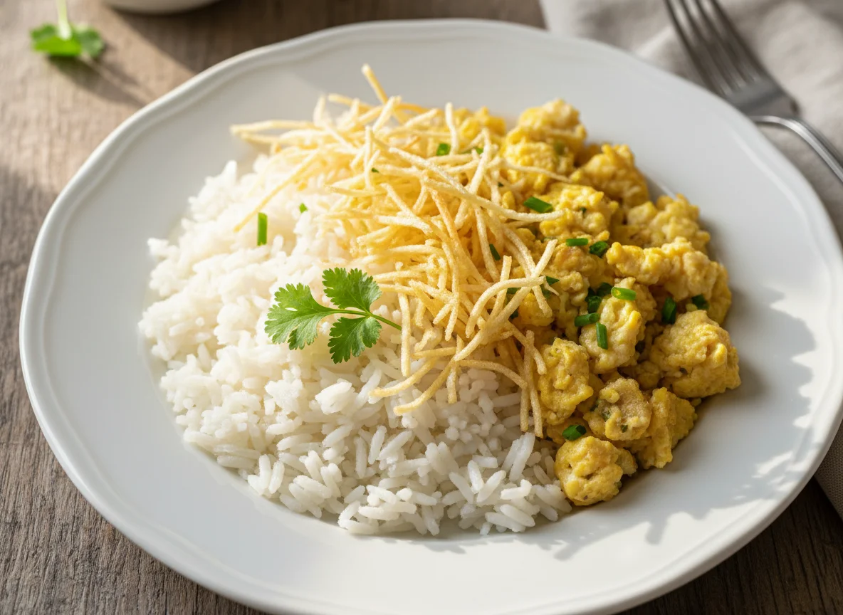 Arroz com ovos mexidos e batata palha photo