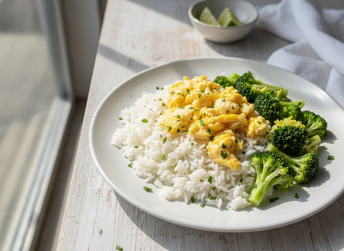 Arroz com ovos mexidos e brócolos photo