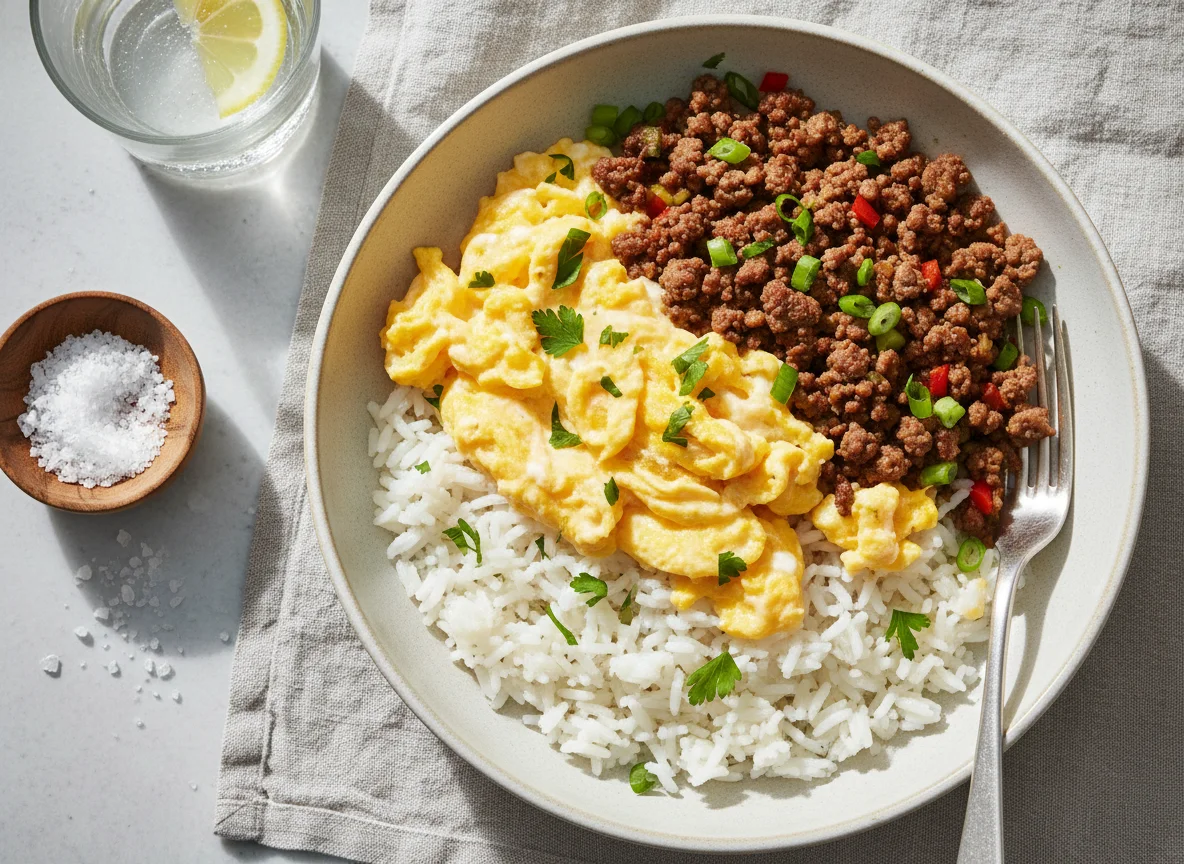 Arroz com ovos mexidos e carne photo