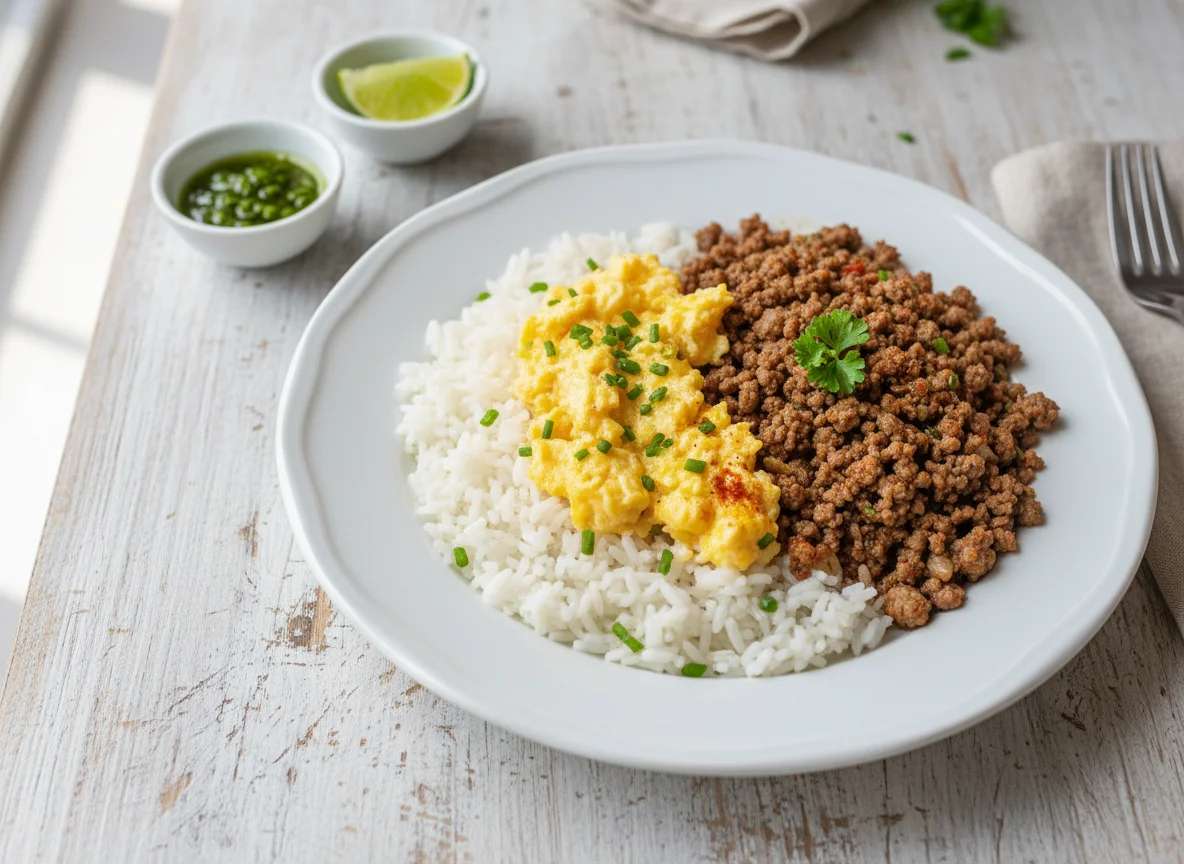 Arroz com Ovos Mexidos e Carne Picada photo