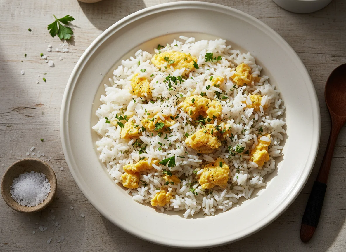 Arroz com ovos mexidos e ervas photo