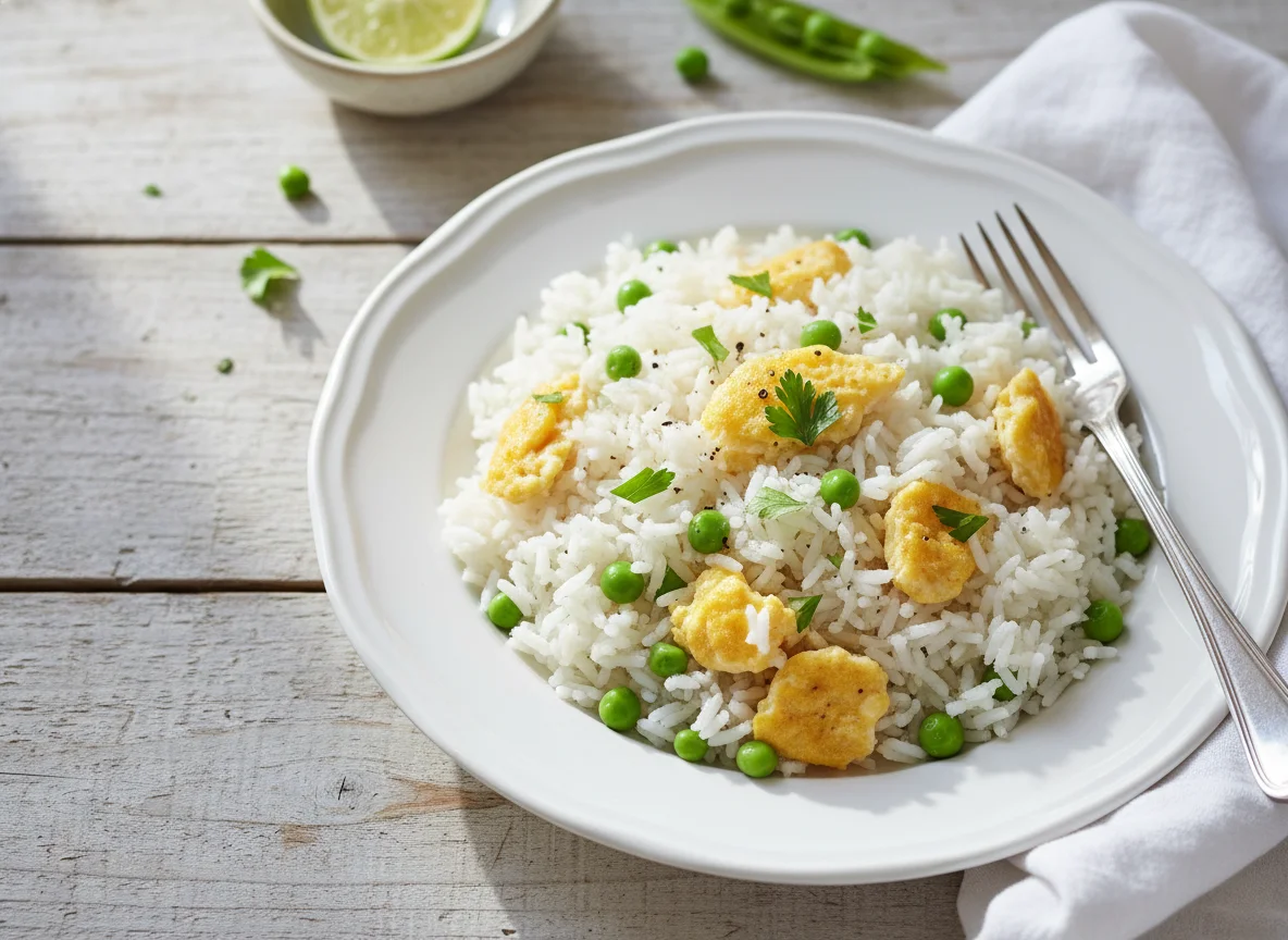 Arroz com ovos mexidos e ervilhas photo