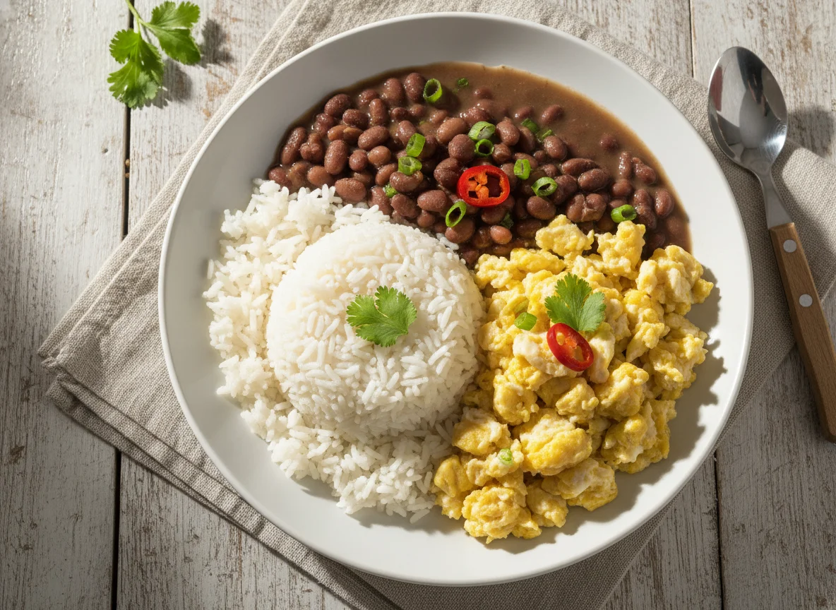 Arroz com ovos mexidos e feijão photo