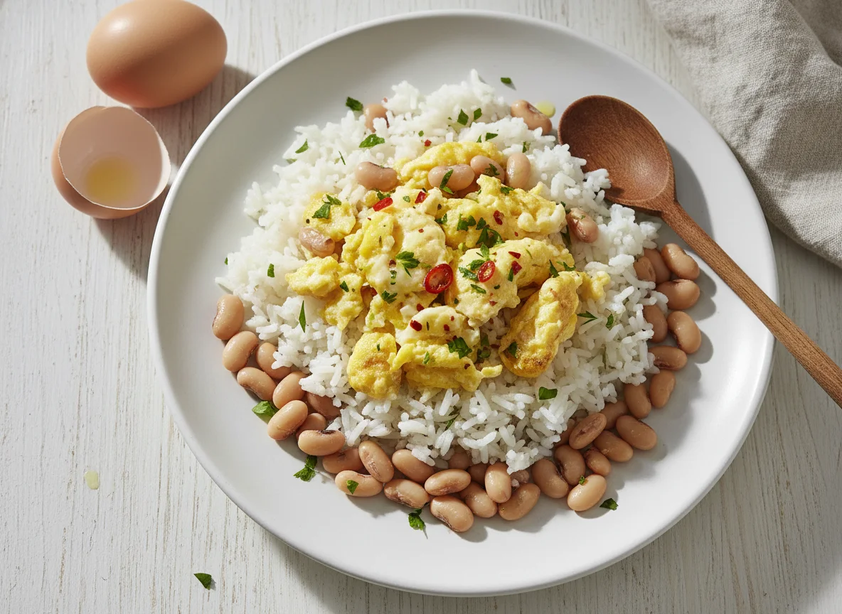 Arroz com ovos mexidos e feijão fradinho photo