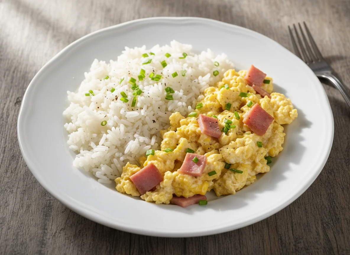 Arroz com ovos mexidos e fiambre photo