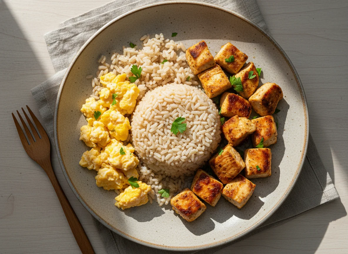 Arroz com ovos mexidos e frango photo