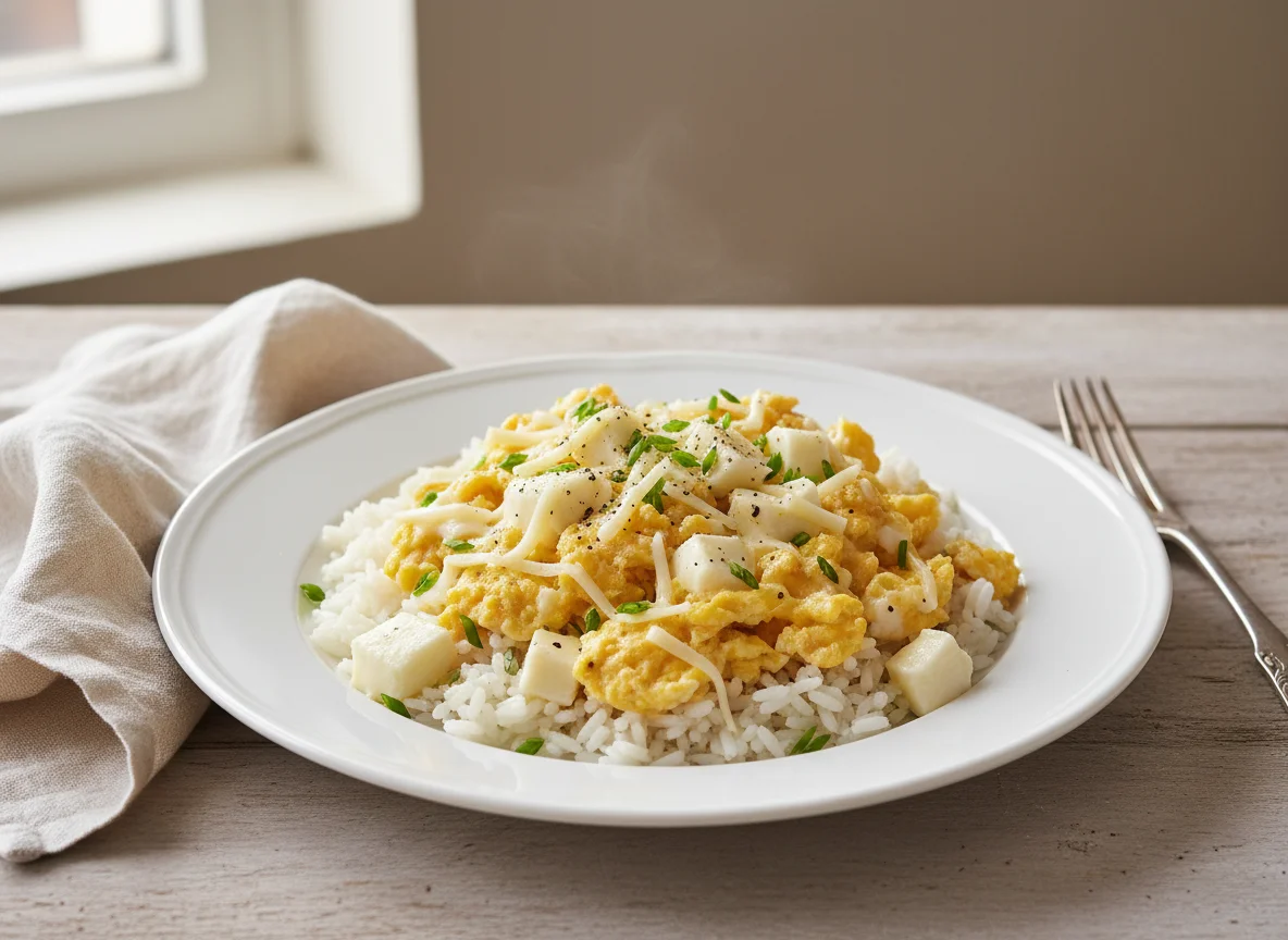 Arroz com ovos mexidos e queijo photo