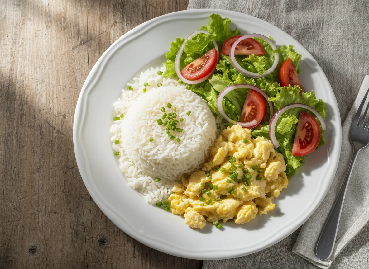 Arroz com ovos mexidos e salada photo