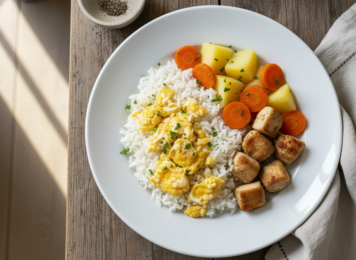 Arroz com ovos mexidos, frango, batata e cenoura photo