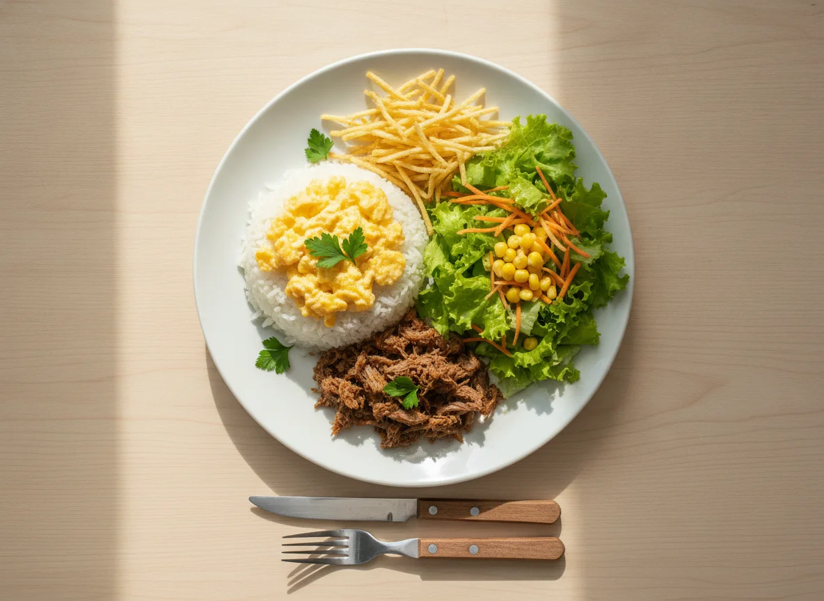 Arroz com ovos mexidos, salada e batata palha photo