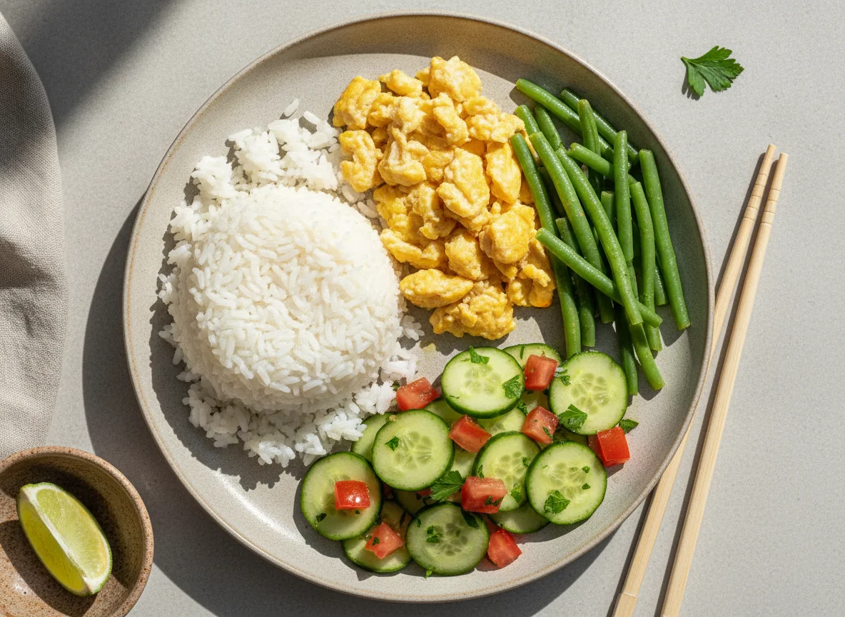 Arroz com ovos mexidos, vagem e salada de pepino photo
