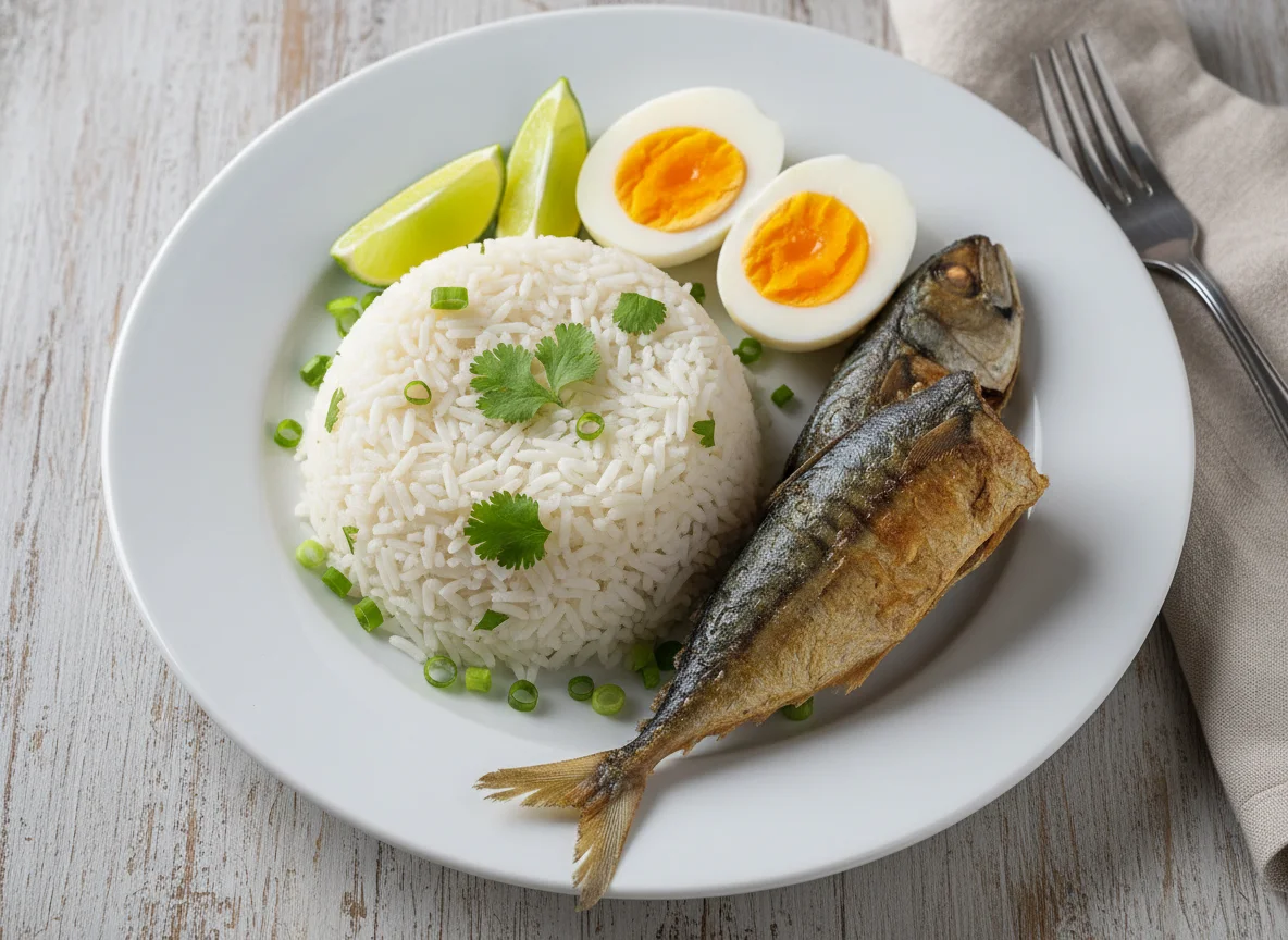 Arroz com peixe e ovos cozidos photo