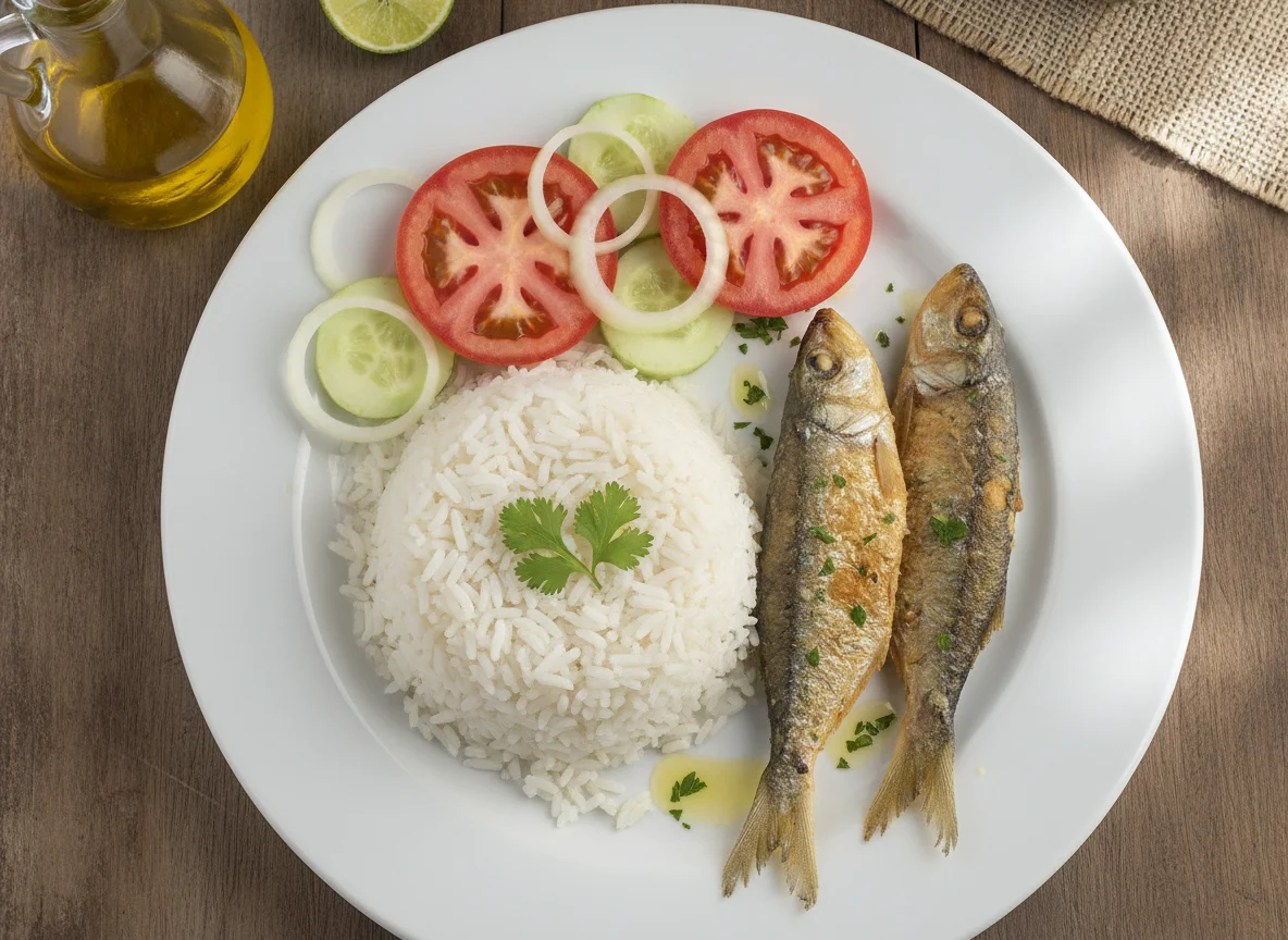 Arroz com Peixe Frito e Salada photo