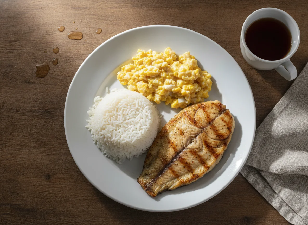 Arroz com peixe grelhado e ovos mexidos photo