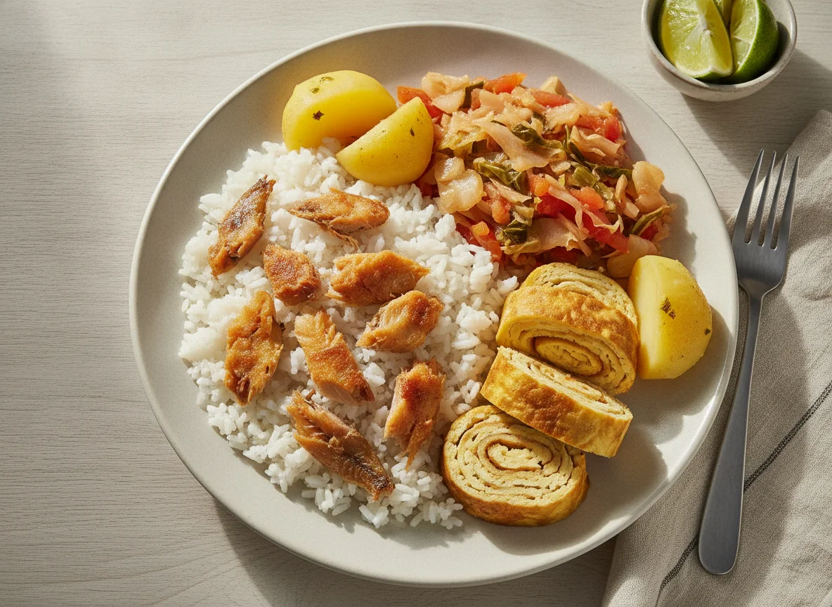 Arroz com Peixe Seco, Omelete e Repolho Refogado photo