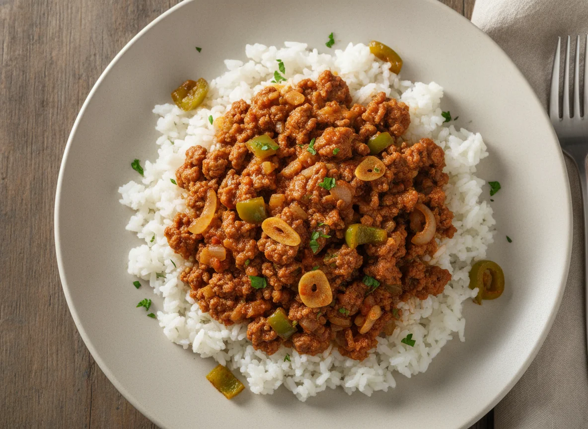 Arroz com picadinho de carne e legumes photo