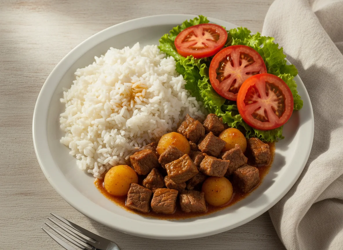 Arroz com picadinho de carne e salada photo