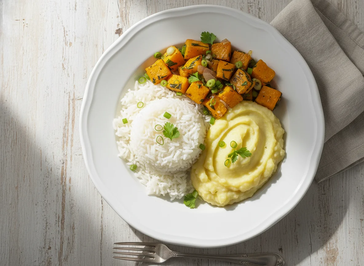 Arroz com purê de batata e abóbora refogada photo