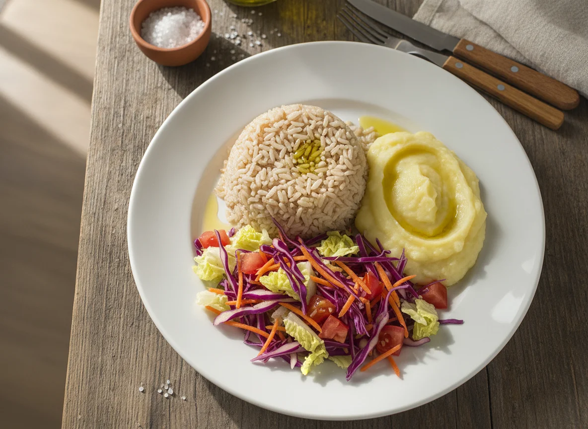Arroz com purê de batata e salada de repolho roxo e cenoura photo