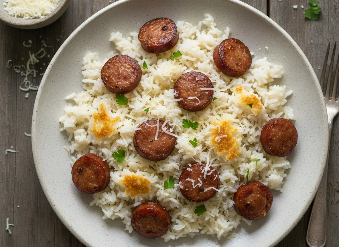 Arroz com queijo e linguiça photo