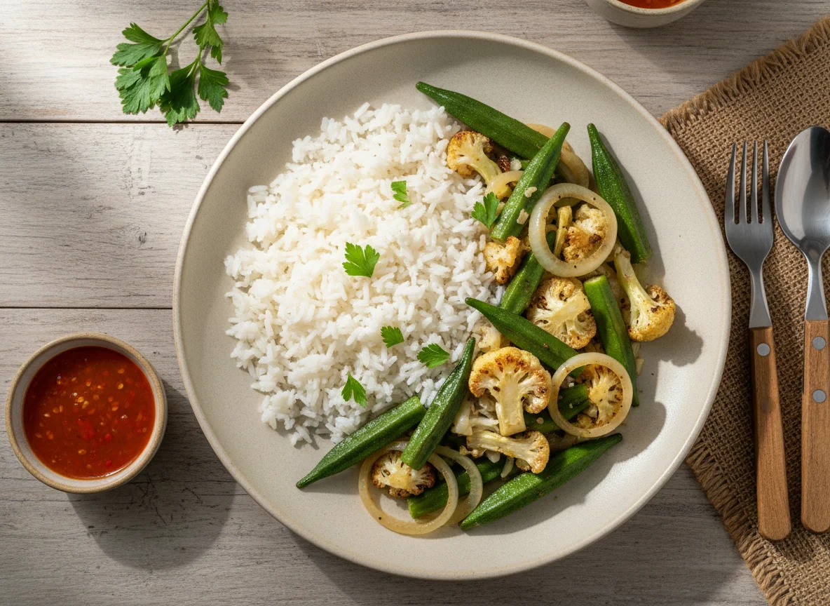 Arroz com quiabo, couve-flor e cebola photo