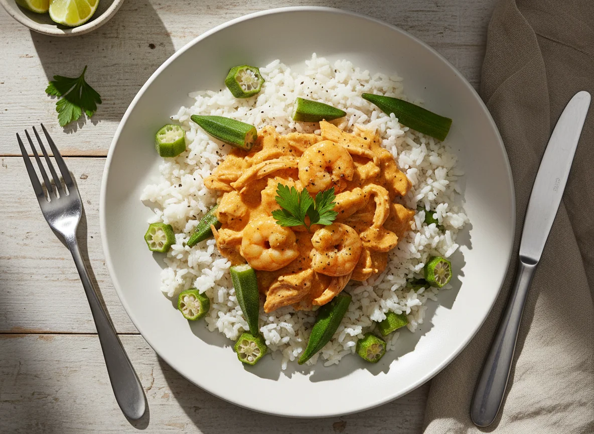 Arroz com quiabo e molho cremoso photo