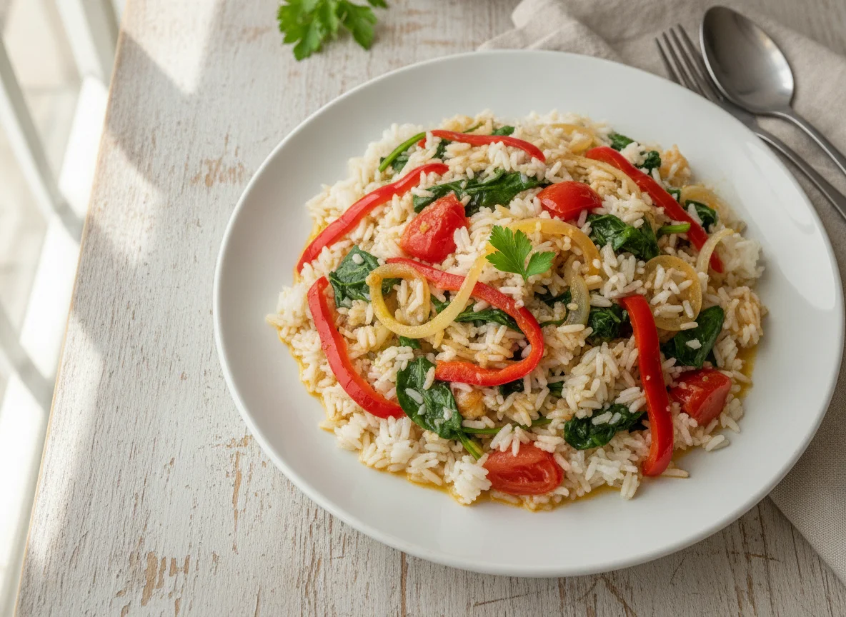 Arroz com refogado de vegetais e espinafre photo