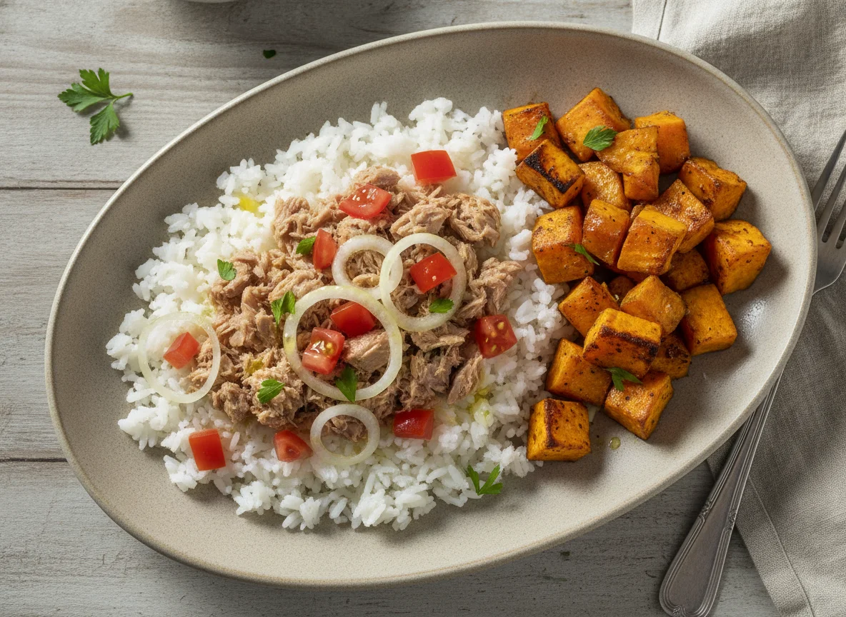 Arroz com salada de atum e batata-doce assada photo